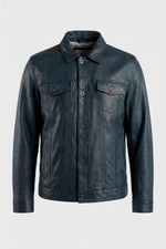 Navy blue leather trucker jacket - Image n°1