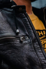 Black and cognac lambskin jacket with removable hood and biker edge. - Image n°8