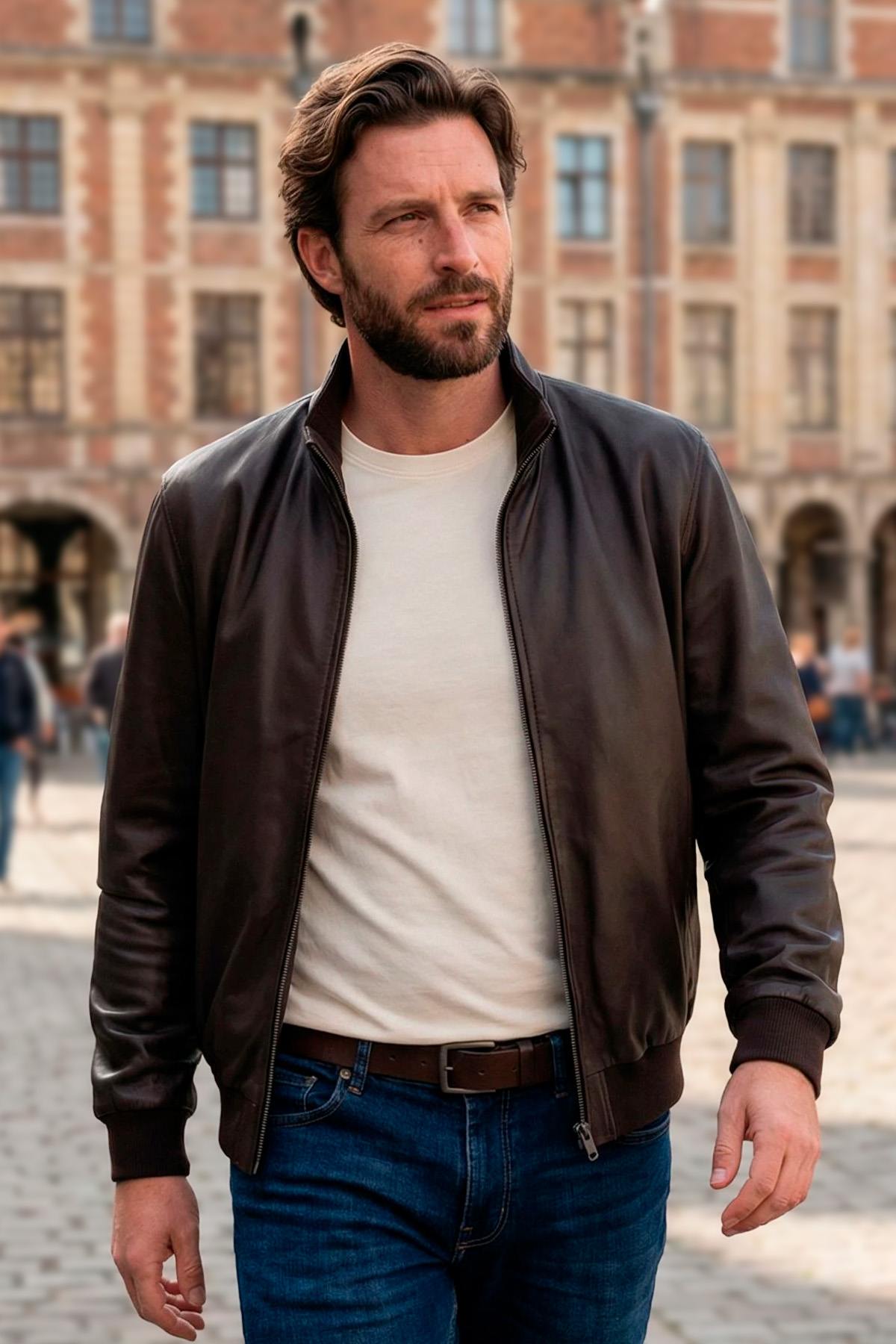 Deep brown lambskin jacket by Serge Pariente, soft and rider-inspired. - Image n°1