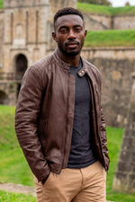 Brown leather biker collar jacket - Image n°1