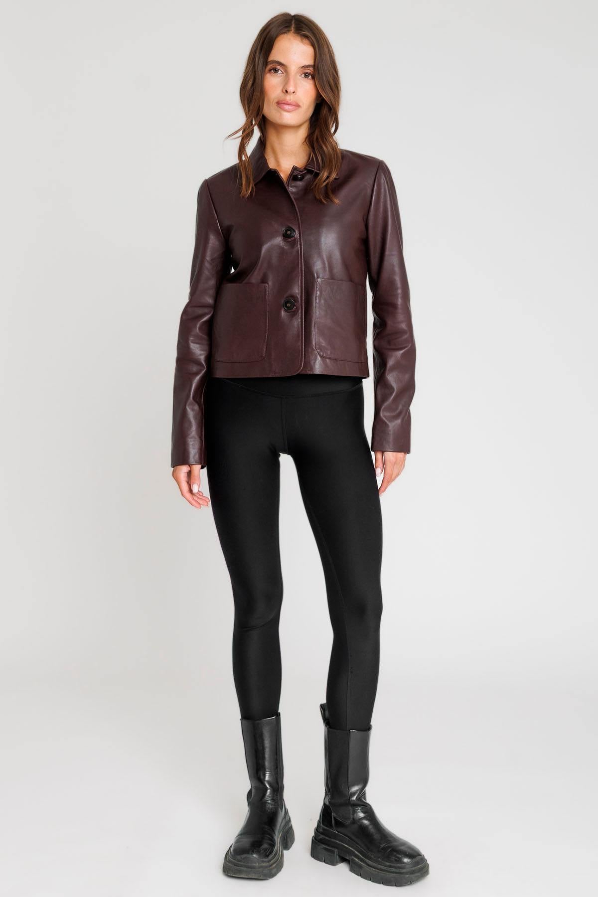 Burgundy leather jacket with shirt collar and button closure - Image n°3