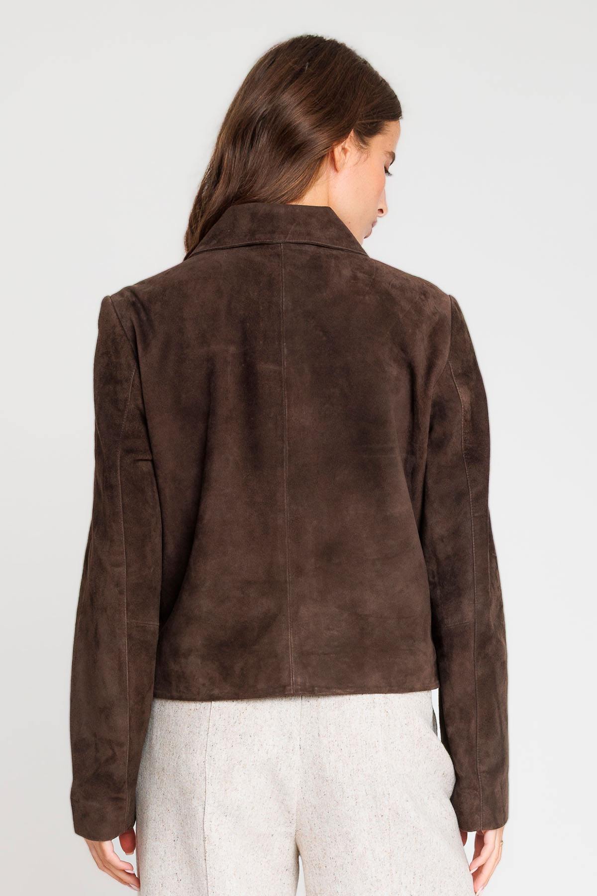Soft suede goat leather jacket in dark brown by Serge Pariente. - Image n°3