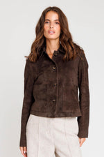 Soft suede goat leather jacket in dark brown by Serge Pariente. - Image n°1
