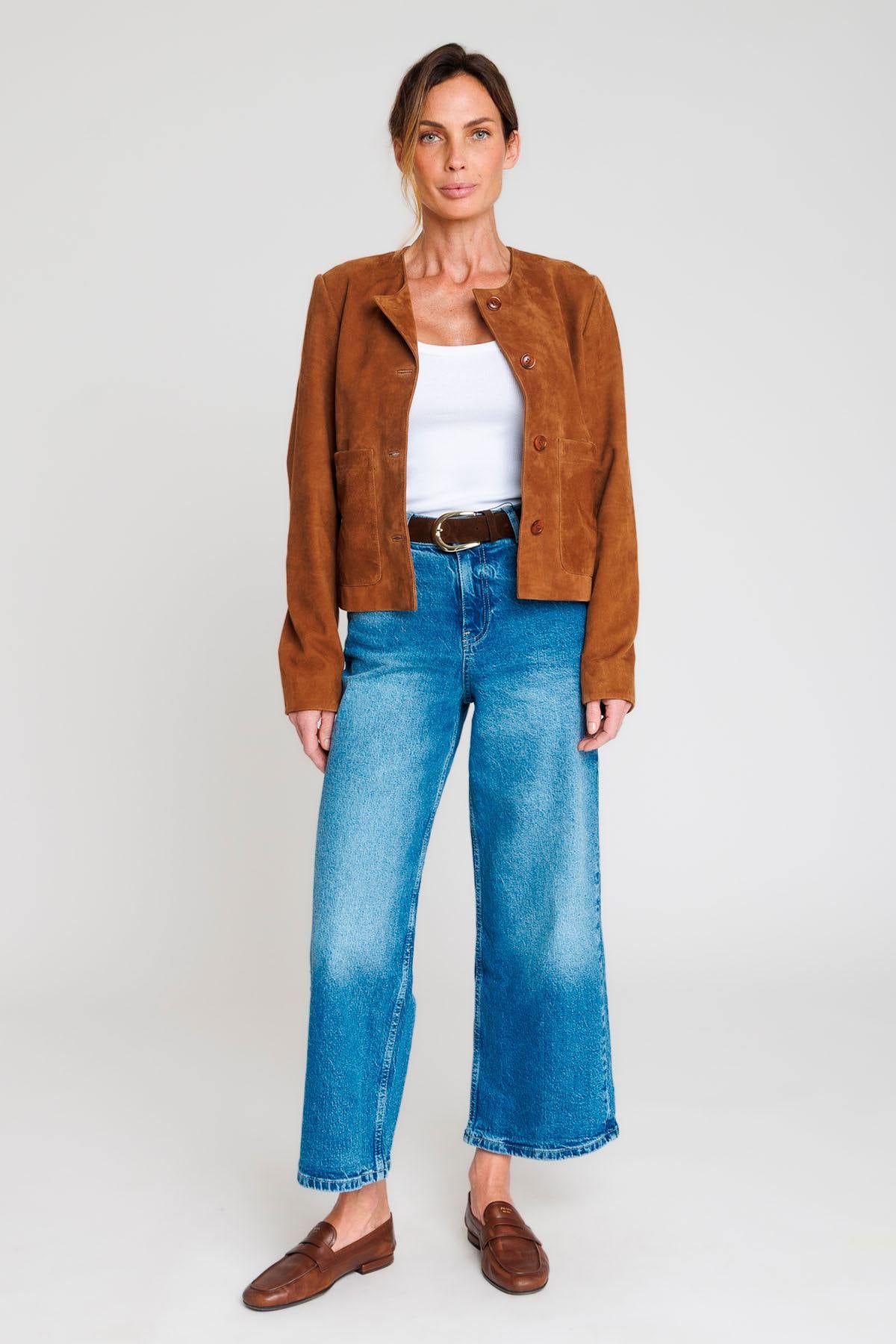 Tobacco-colored collarless suede leather jacket - Image n°4