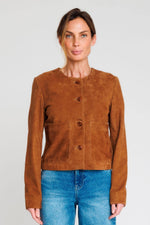 Tobacco-colored collarless suede leather jacket - Image n°1