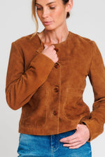 Tobacco-colored collarless suede leather jacket - Image n°2