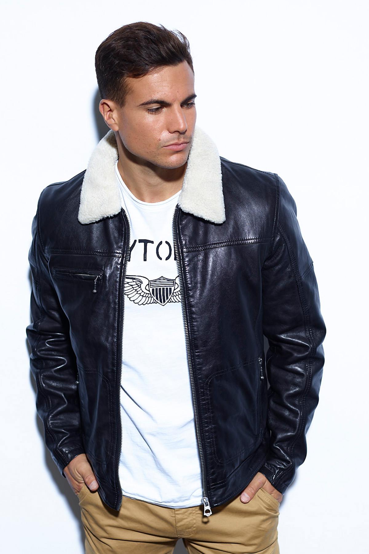 Black leather bomber jacket with faux fur collar - Image n°3