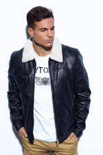 Black leather bomber jacket with faux fur collar - Image n°3