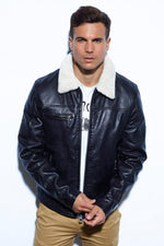 Black leather bomber jacket with faux fur collar - Image n°1