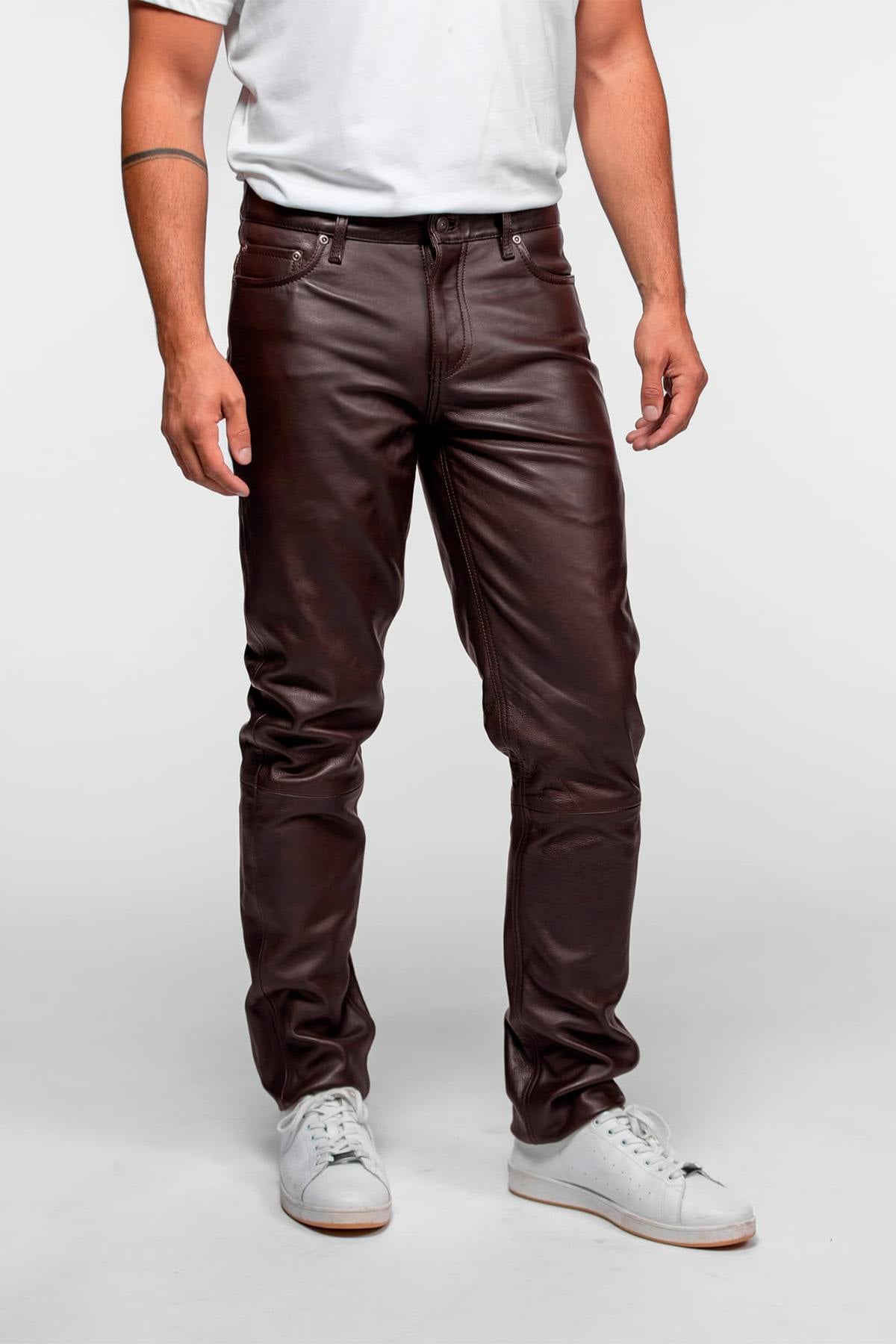 Men's brown cowhide leather trousers - Image n°4