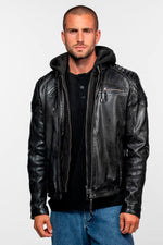 Black hooded biker jacket with shoulder stitching - Image n°3
