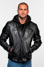 Black hooded biker jacket with shoulder stitching - Image n°1