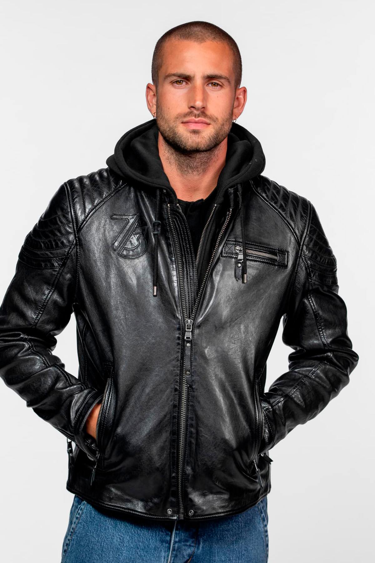 Black hooded biker jacket with shoulder stitching - Image n°1