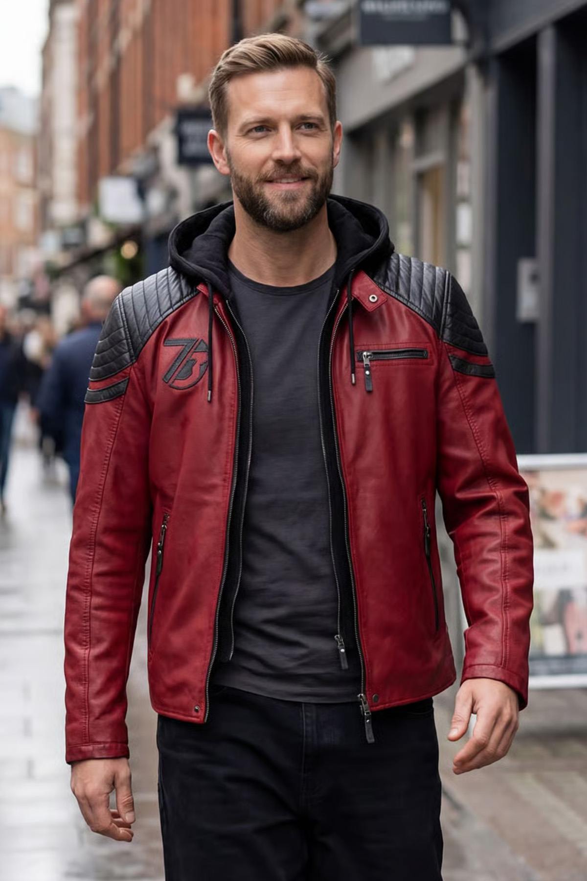 Syrah-red lambskin jacket with hood and moto collar, straight fit. - Image n°1