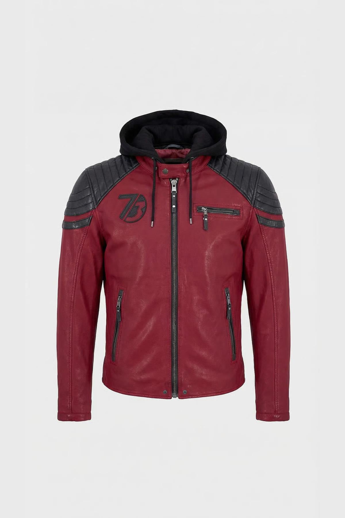 Syrah-red lambskin jacket with hood and moto collar, straight fit. - Image n°2