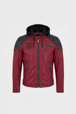Syrah-red lambskin jacket with hood and moto collar, straight fit. - Image n°2