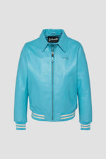 Schott's varsity jacket in soft vachetta leather, sky blue and ecru. - Image n°2