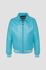 Schott's varsity jacket in soft vachetta leather, sky blue and ecru. - Image n°2