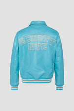 Schott's varsity jacket in soft vachetta leather, sky blue and ecru. - Image n°1
