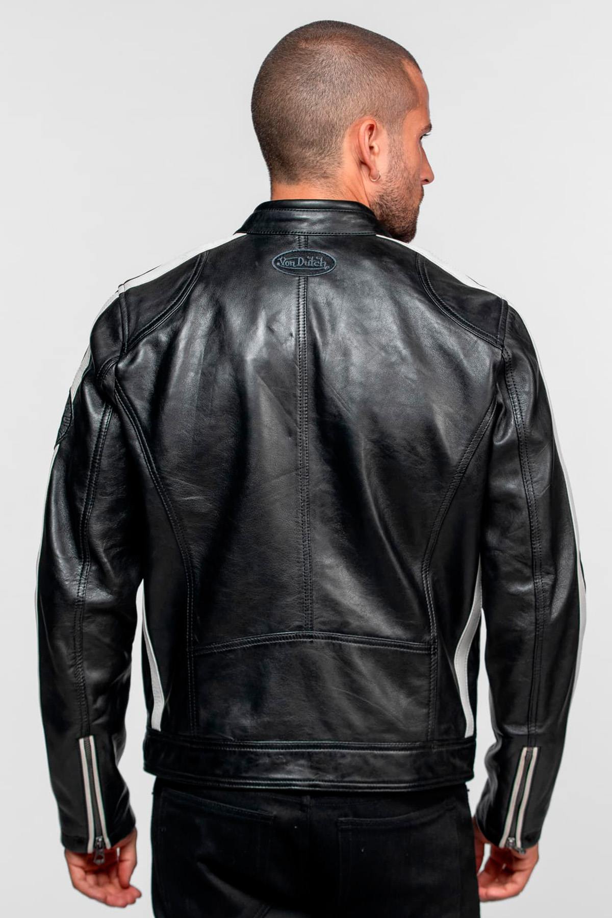 Black leather biker-collar jacket with patches - Image n°3