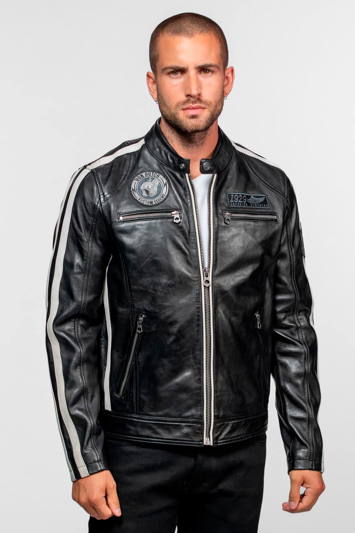 Black leather biker-collar jacket with patches - Image n°2