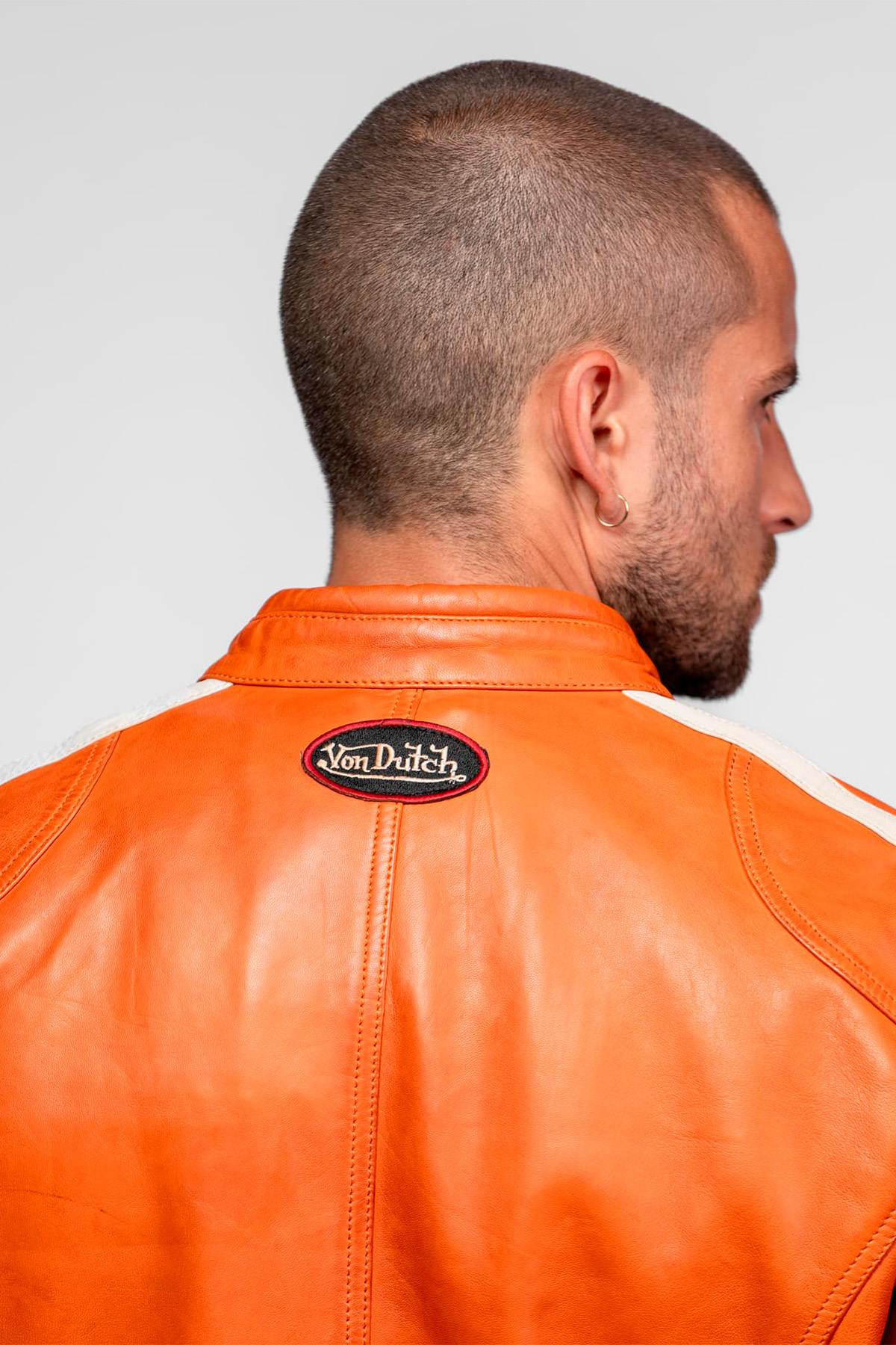 Orange leather biker-collar jacket with patches - Image n°3