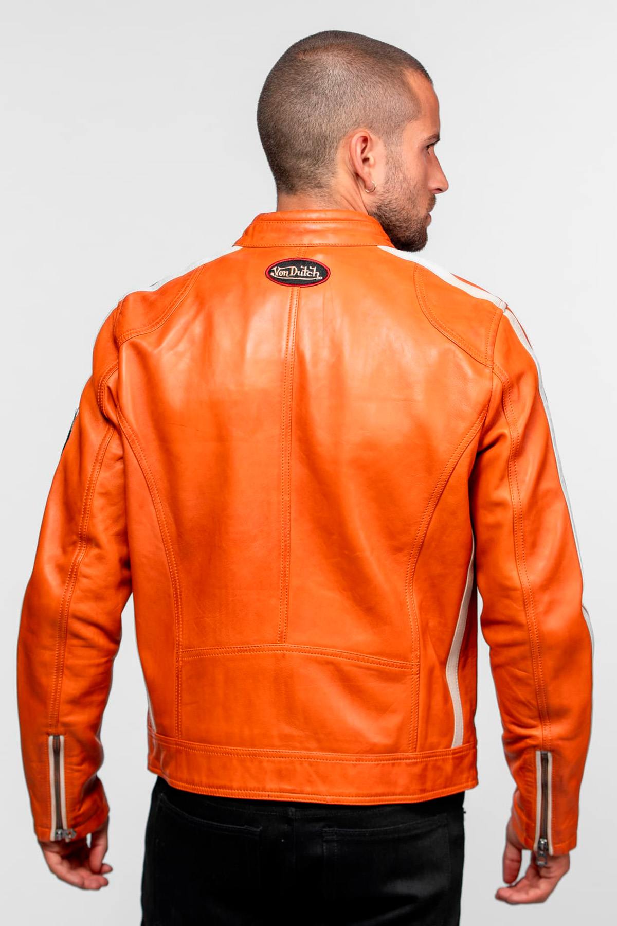Orange leather biker-collar jacket with patches - Image n°2