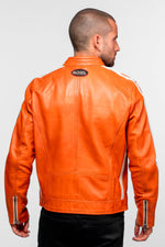 Orange leather biker-collar jacket with patches - Image n°2