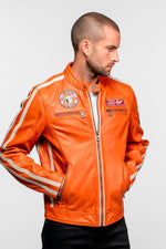 Orange leather biker-collar jacket with patches - Image n°4