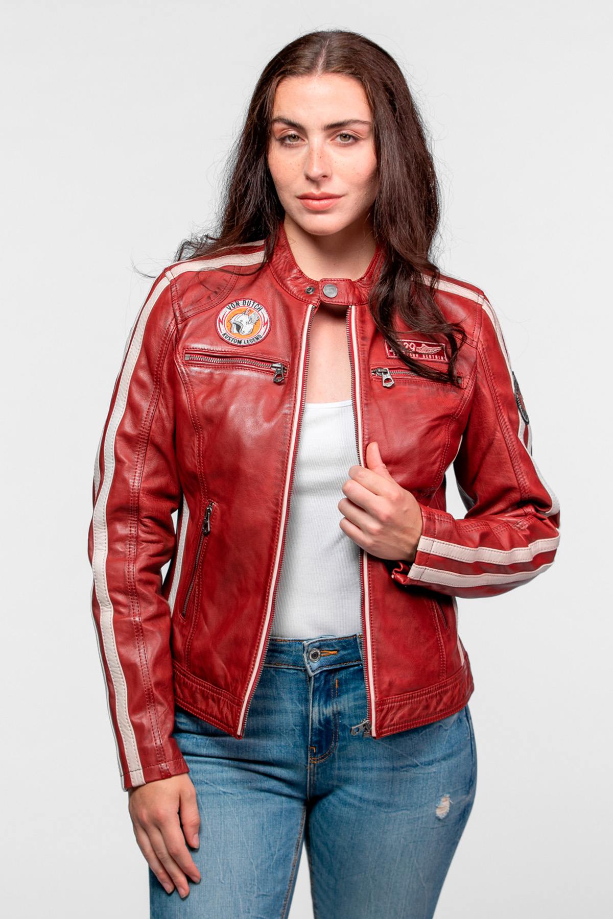 Women's red leather biker-collar jacket with patches - Image n°1