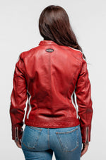 Women's red leather biker-collar jacket with patches - Image n°3