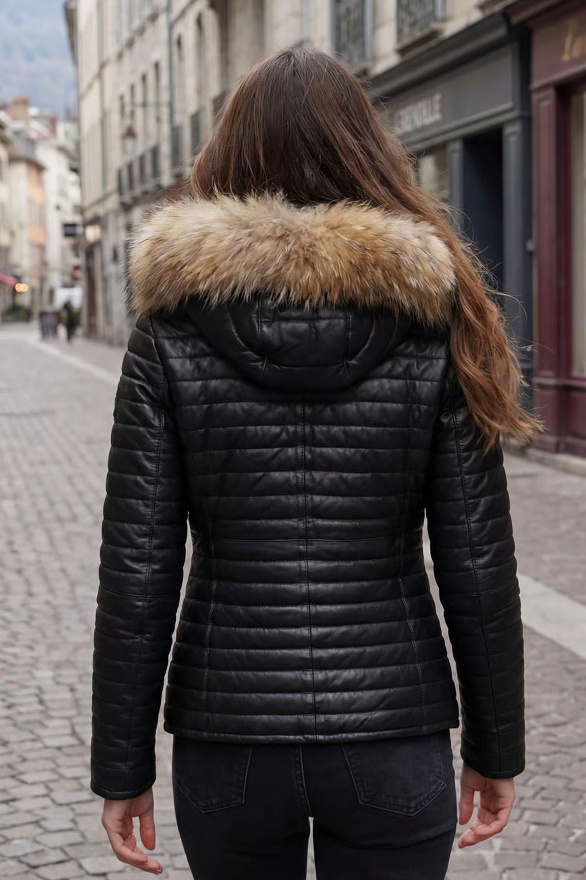 Black leather puffer jacket with genuine fawn fur collar and hood - Image n°2