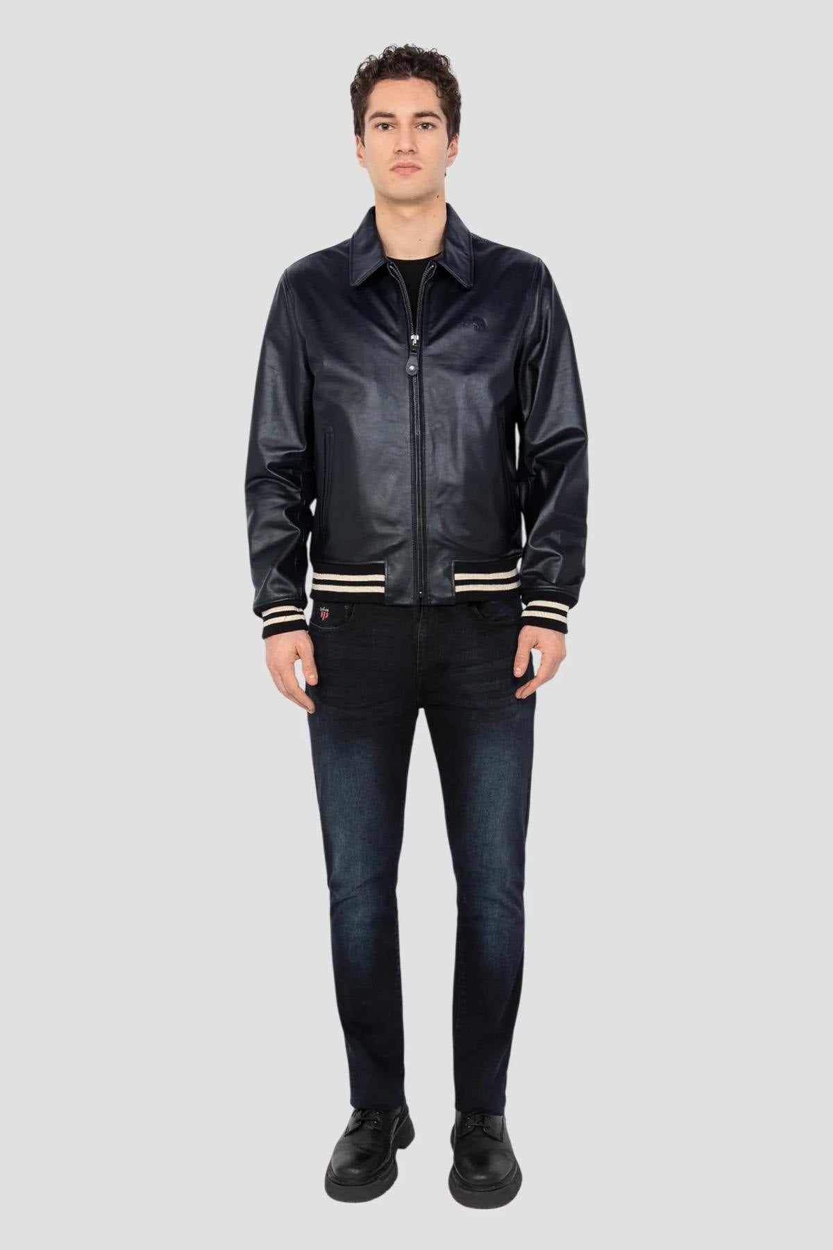 Schott's navy vachetta leather varsity jacket with off-white stripes. - Image n°7