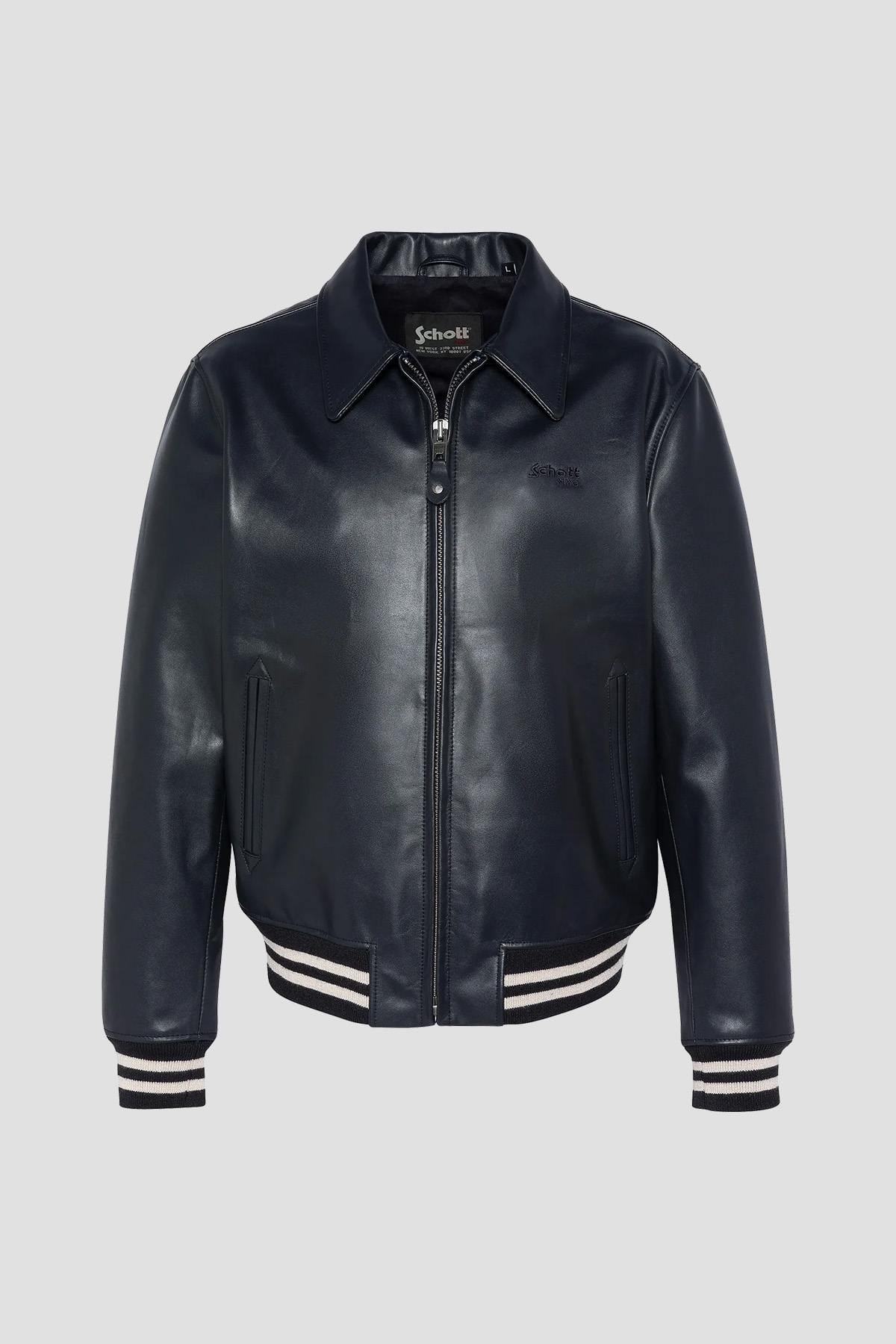 Schott's navy vachetta leather varsity jacket with off-white stripes. - Image n°4