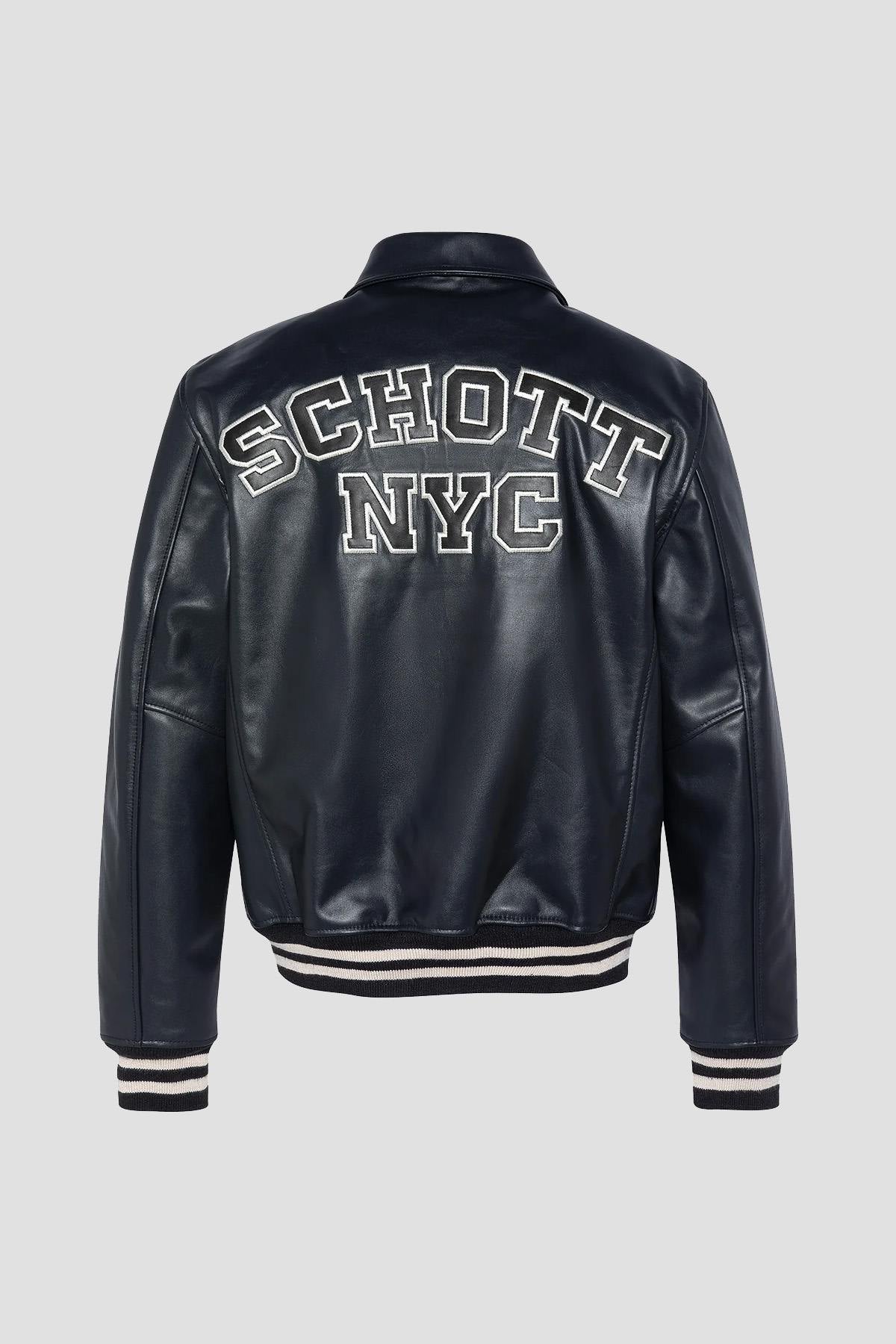Schott's navy vachetta leather varsity jacket with off-white stripes. - Image n°5
