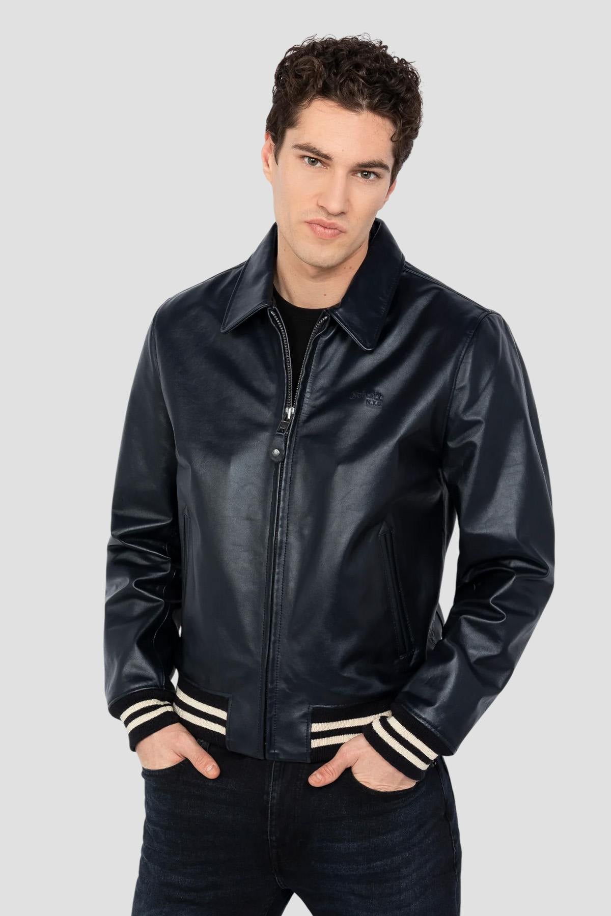 Schott's navy vachetta leather varsity jacket with off-white stripes. - Image n°6