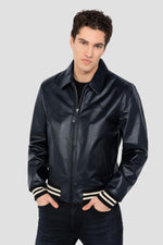 Schott's navy vachetta leather varsity jacket with off-white stripes. - Image n°6