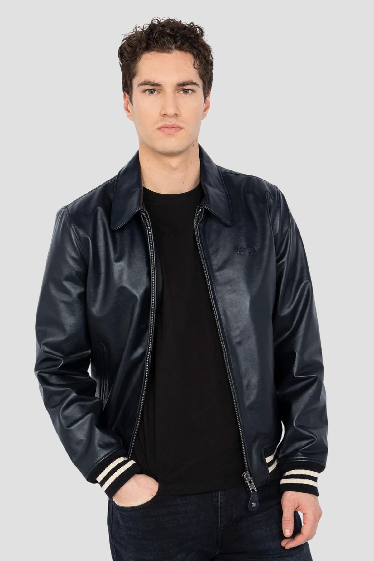 Schott's navy vachetta leather varsity jacket with off-white stripes. - Image n°2