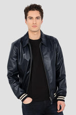 Schott's navy vachetta leather varsity jacket with off-white stripes. - Image n°2