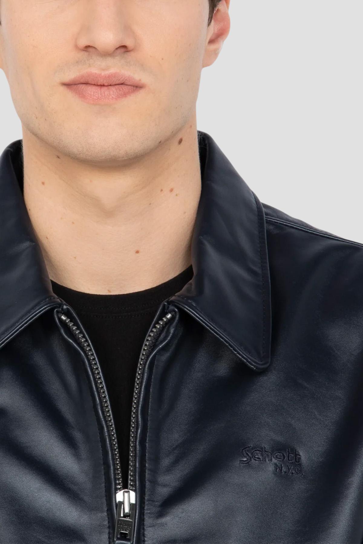 Schott's navy vachetta leather varsity jacket with off-white stripes. - Image n°3