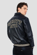 Schott's navy vachetta leather varsity jacket with off-white stripes. - Image n°1