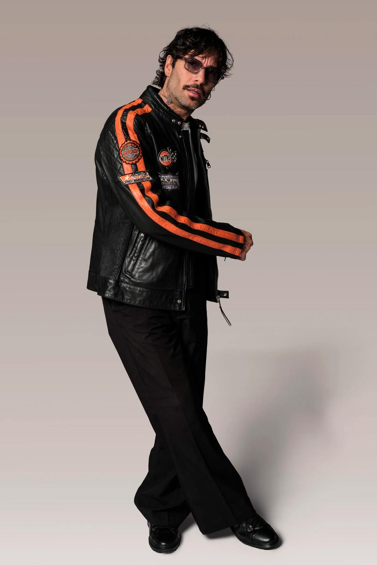 Redskins' lambskin biker jacket with vintage orange accents. - Image n°6