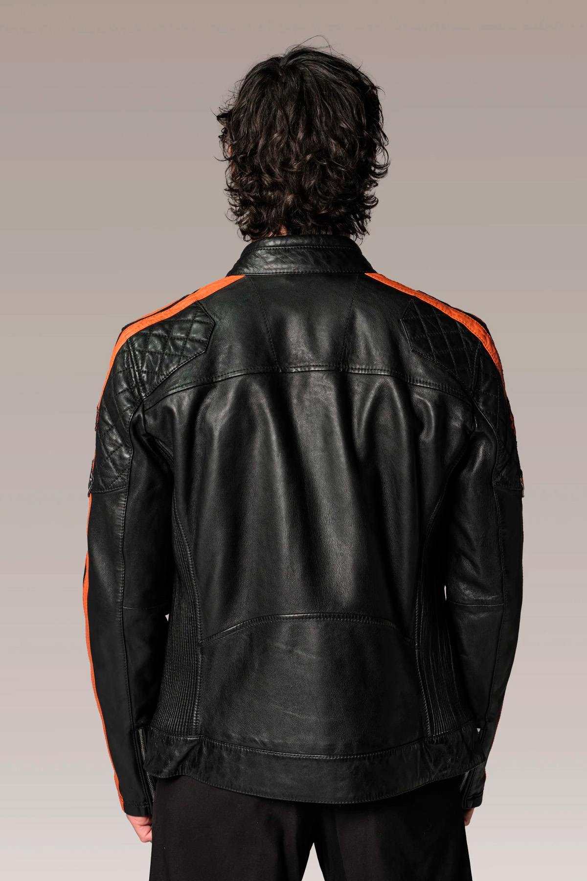 Redskins' lambskin biker jacket with vintage orange accents. - Image n°4