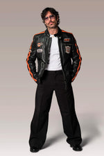 Black leather biker jacket with patches - Image n°2