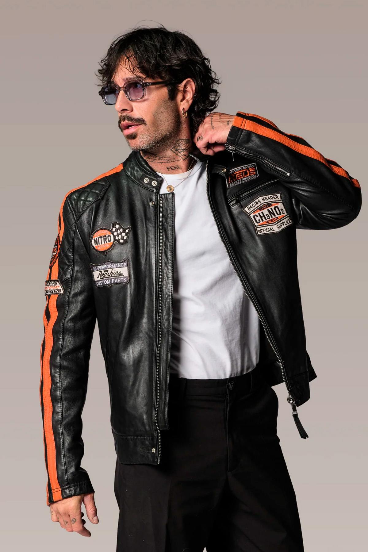 Black leather biker jacket with patches - Image n°1