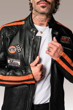 Black leather biker jacket with patches - Image n°3