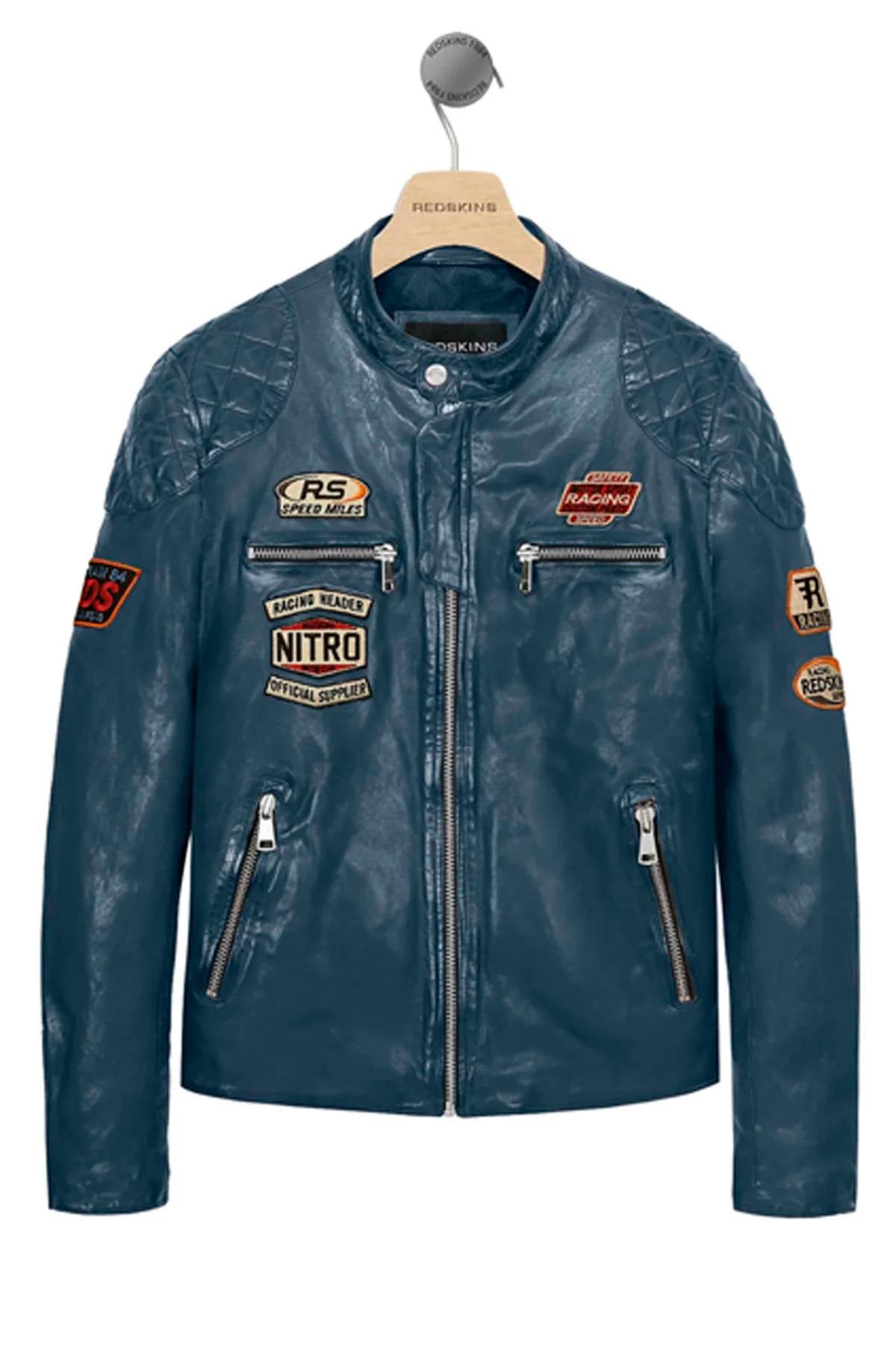 Ocean blue leather jacket with vintage racing patches - Image n°1