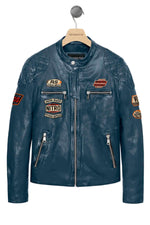 Ocean blue leather jacket with vintage racing patches - Image n°1