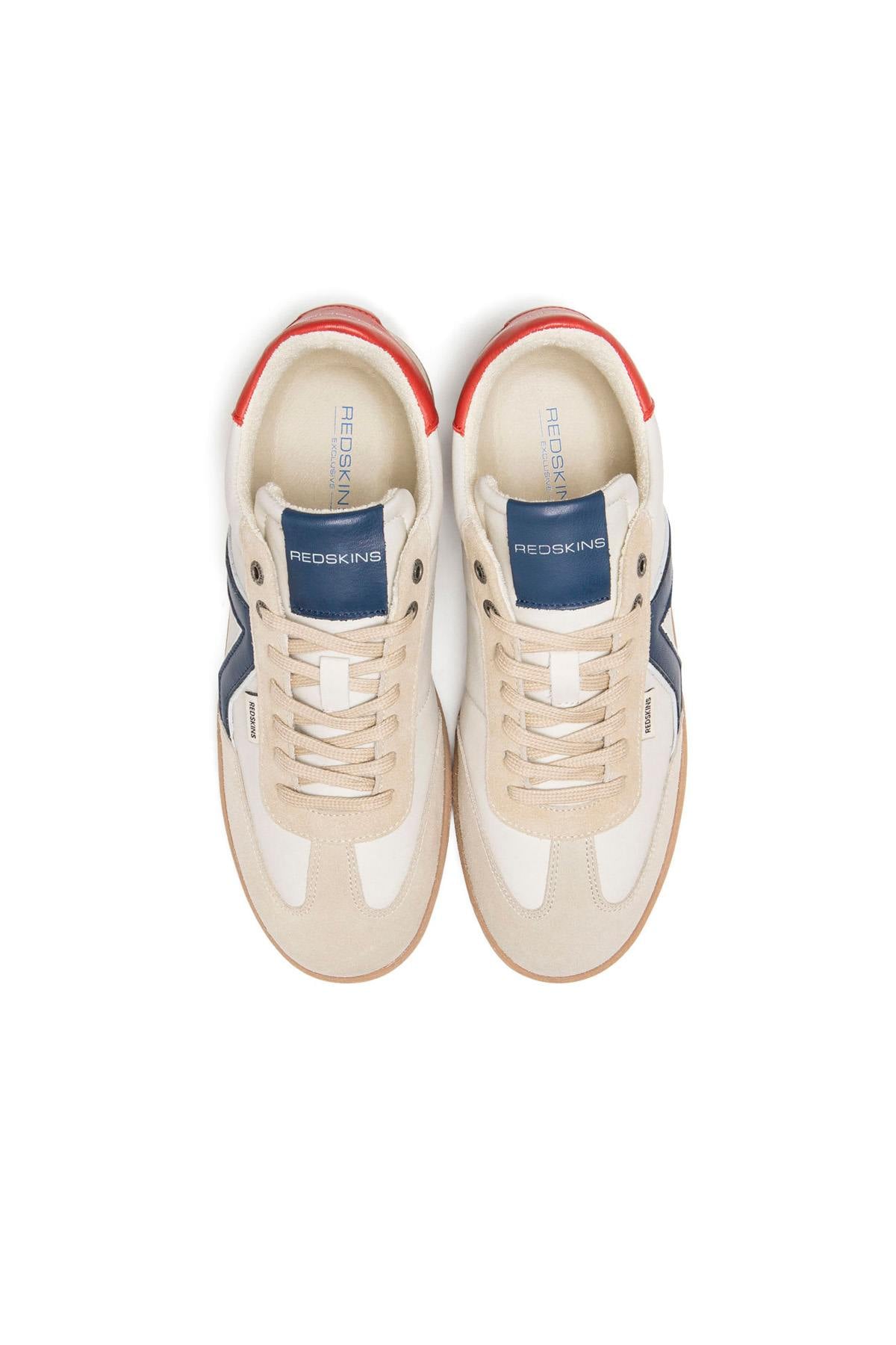 Low-top sneakers in ecru and navy red leather - Image n°4