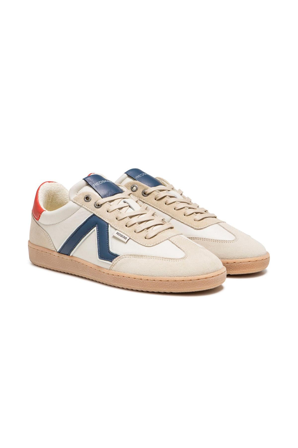 Low-top sneakers in ecru and navy red leather - Image n°1